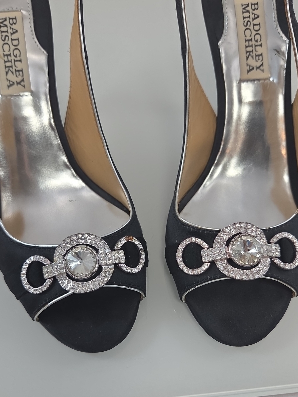 Badgley Mischka Black Embellished Slingback Peep-Toe Heels - Picture 6 of 13